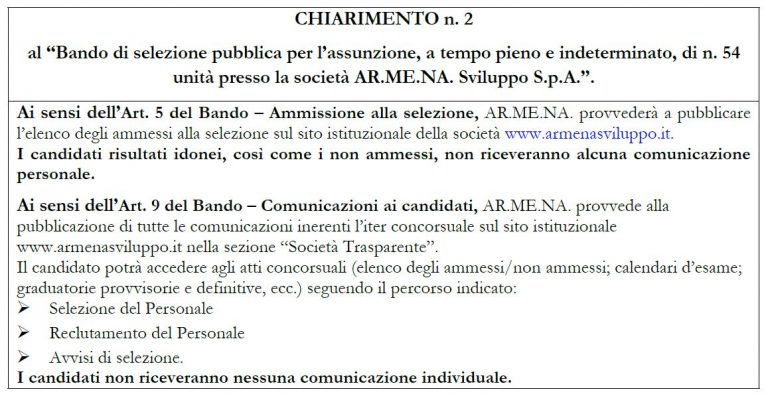 CHIARIMENTO N. 2 Sul Bando Di Selezione Pubblica Per L’assunzione, A ...